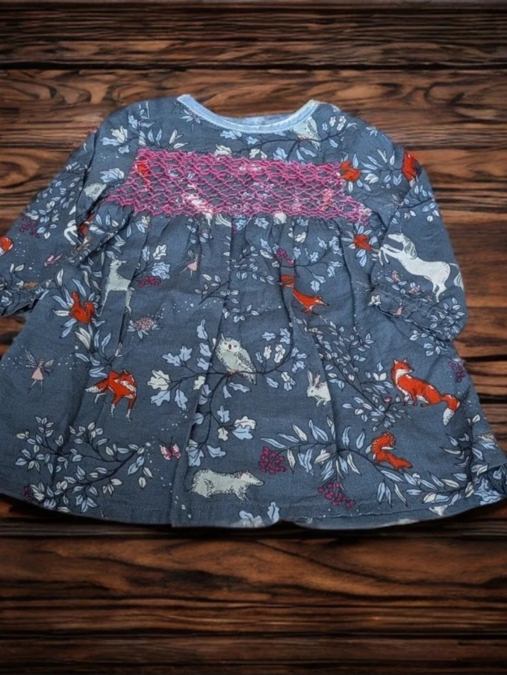 Baby Boden Blue Floral & Fox Print Dress with Pink Smocking